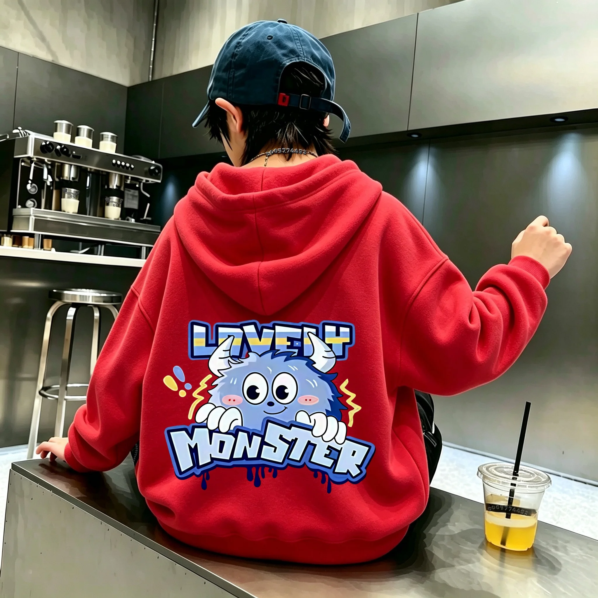 Unisex Kids Hooded Sweatshirt,Lovely Monster Cartoon Letter Print Thick Pullover Hoodie,Autumn Winter Loose Casual Children Tops