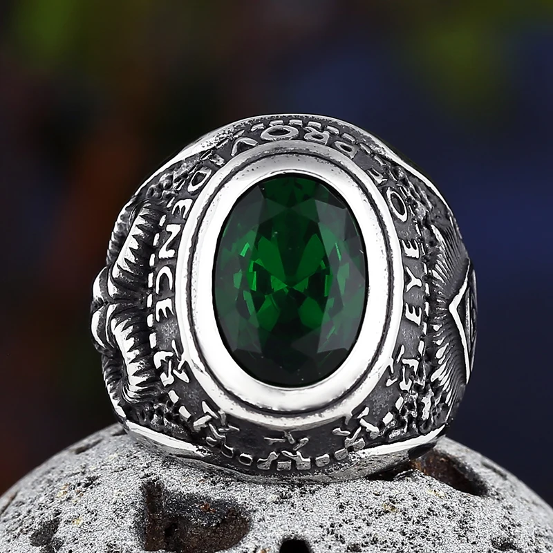 Freeshipping Fashion 316L Stainless Steel Unique Green Stone Ring With Goat Head And Eye Of God For Man Boyfriend Gift