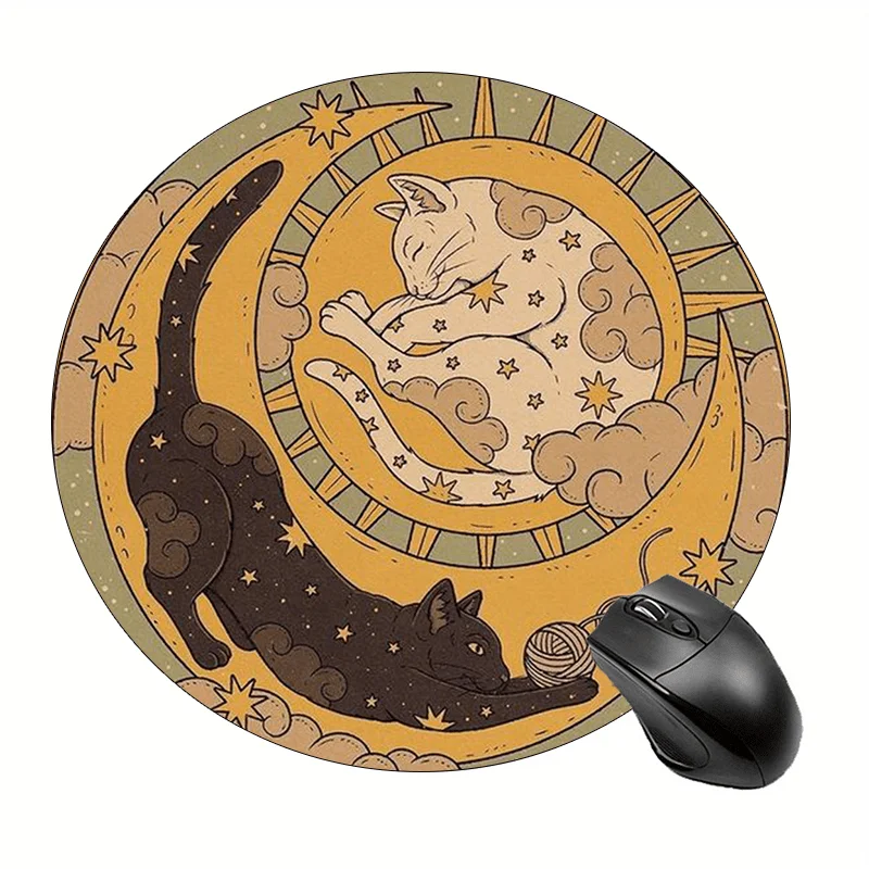 Black White Moon Office White Cat Mouse Pad Sun Moon Round Mousepad Computer Desk Pad Non-Slip Gaming Mat Office Accessories