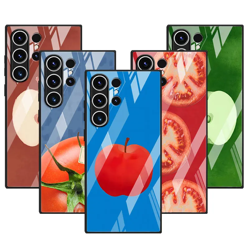 Glass Case for Samsung Galaxy S26 S24 S22 S23 S25 S20 FE S9 S10 S21 Ultra S8 Plus Phone Cover Apple Tomato Illustration Summer