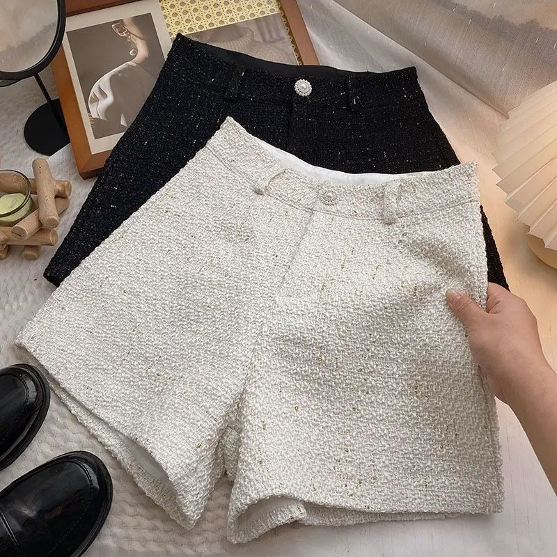 Solid Color High Waist Tweed Casual Shorts Women\'s Spring and Autumn New Korean Style Elegant Wide Leg Pants