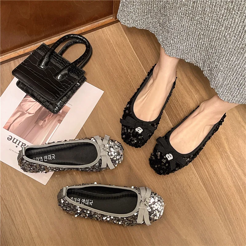 Glitter scarpe mocassini da donna tacchi bassi Modis calzature femminili bocca superficiale fiocco-nodo 2024 vestito comodo nonna farfalla