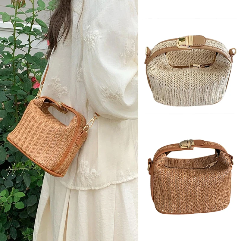 

Raffia Straw Fabric Woven Top-handle Bag And Hat Set For Women Chain Shoulder Crossbody Bag 2025 Summer New Beach Handbags