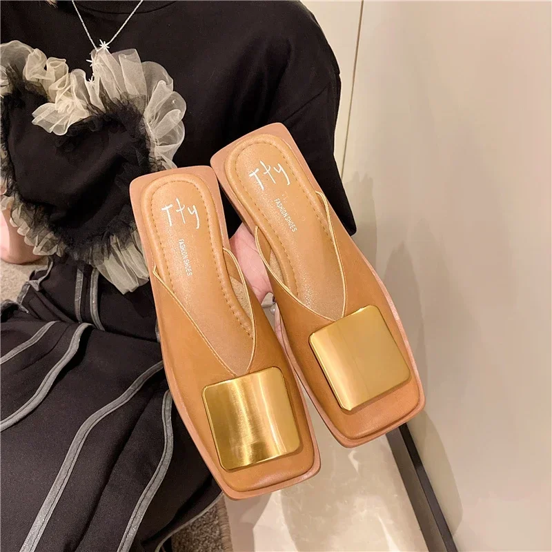 2024 New Women\'s Shoes Closed Toe Women\'s Slippers Fashion Dress Slippers Women Metal Decoration Square Toe Low Heel Shoes Women