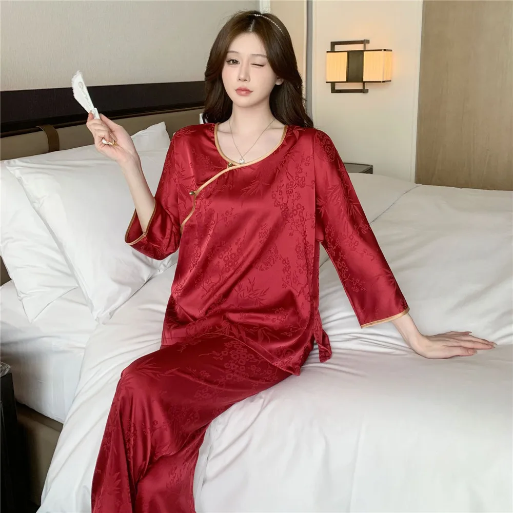Chinese Female Pajamas 2PCS Set Lounge Wear Spring Pullover Trouser Pijamas Suit Sleepwear Pyjama Loose Homewear