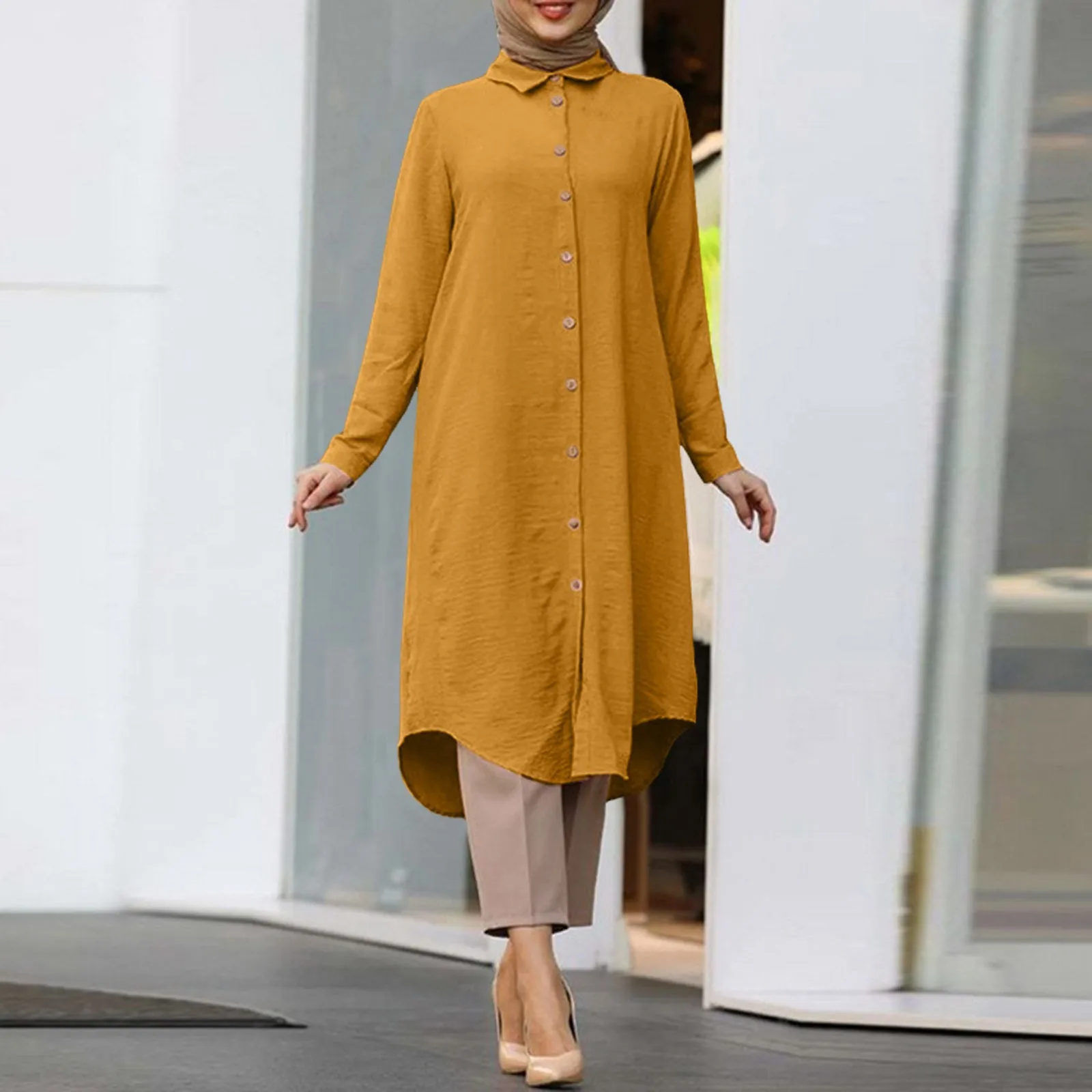 

Женское мусульманское платье с длинным рукавом и пуговицами, однотонное Повседневное платье с отложным воротником, наряд Дубая, сарафан для женщин