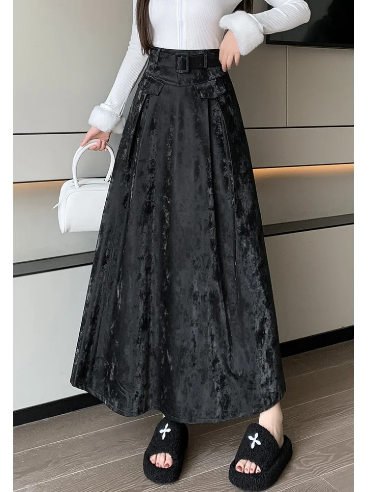

SMTHMA New Autumn Winter Leather Skirt Temperament High Waist Umbrella Skirt Vintage Elegant PU Big Swing Long Skirt