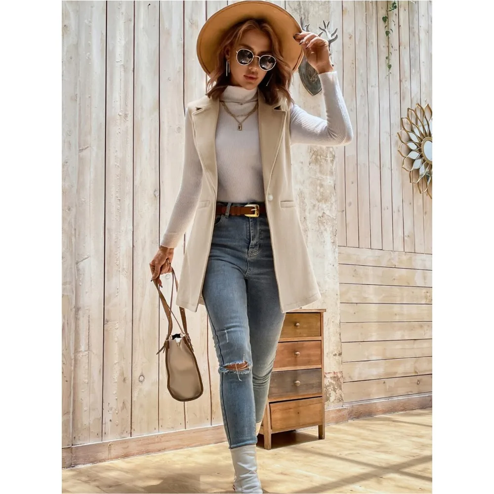 

Женский жилет больших размеров с однотонным воротником костюма и дизайном без рукавов, с элегантными шерстяными топами средней длины