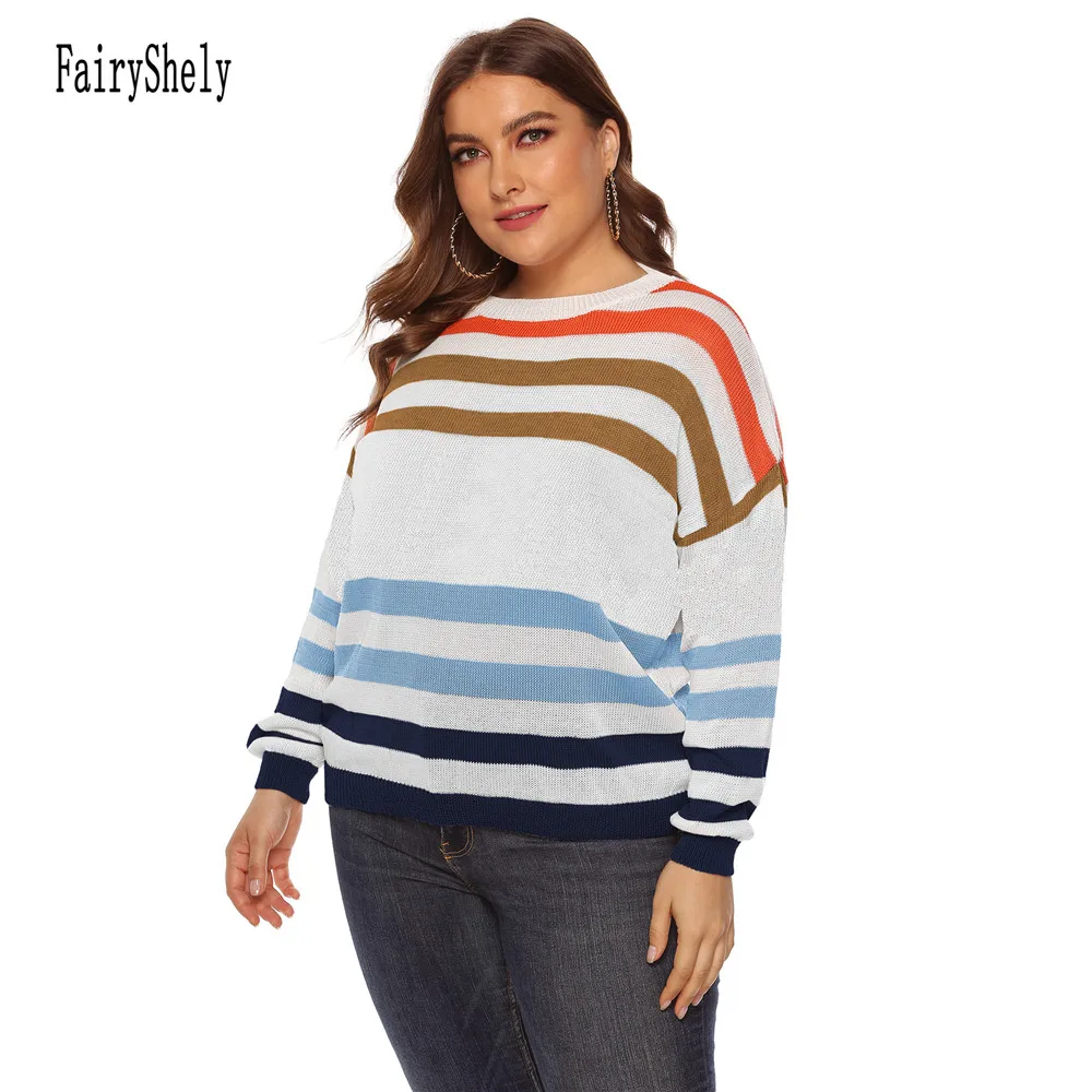 2024 Winter Stripe Plus Size Sweater Women O-Neck Large Pullover Ladies Casual Loose Oversize Jumper Big Jerseys Curvy Knitwear