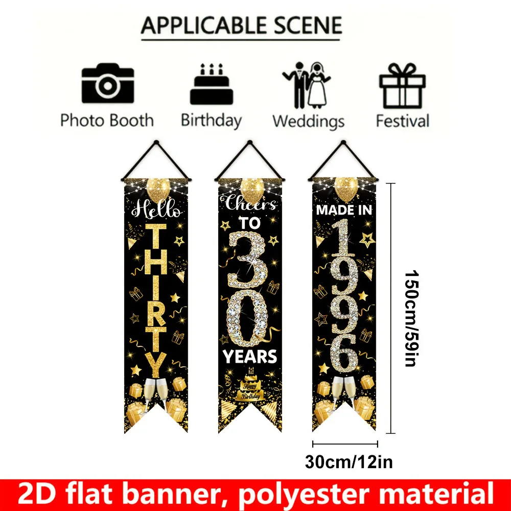 2D Flat 3Pcs Black Gold Glitter 30th Birthday Banners, 1996 