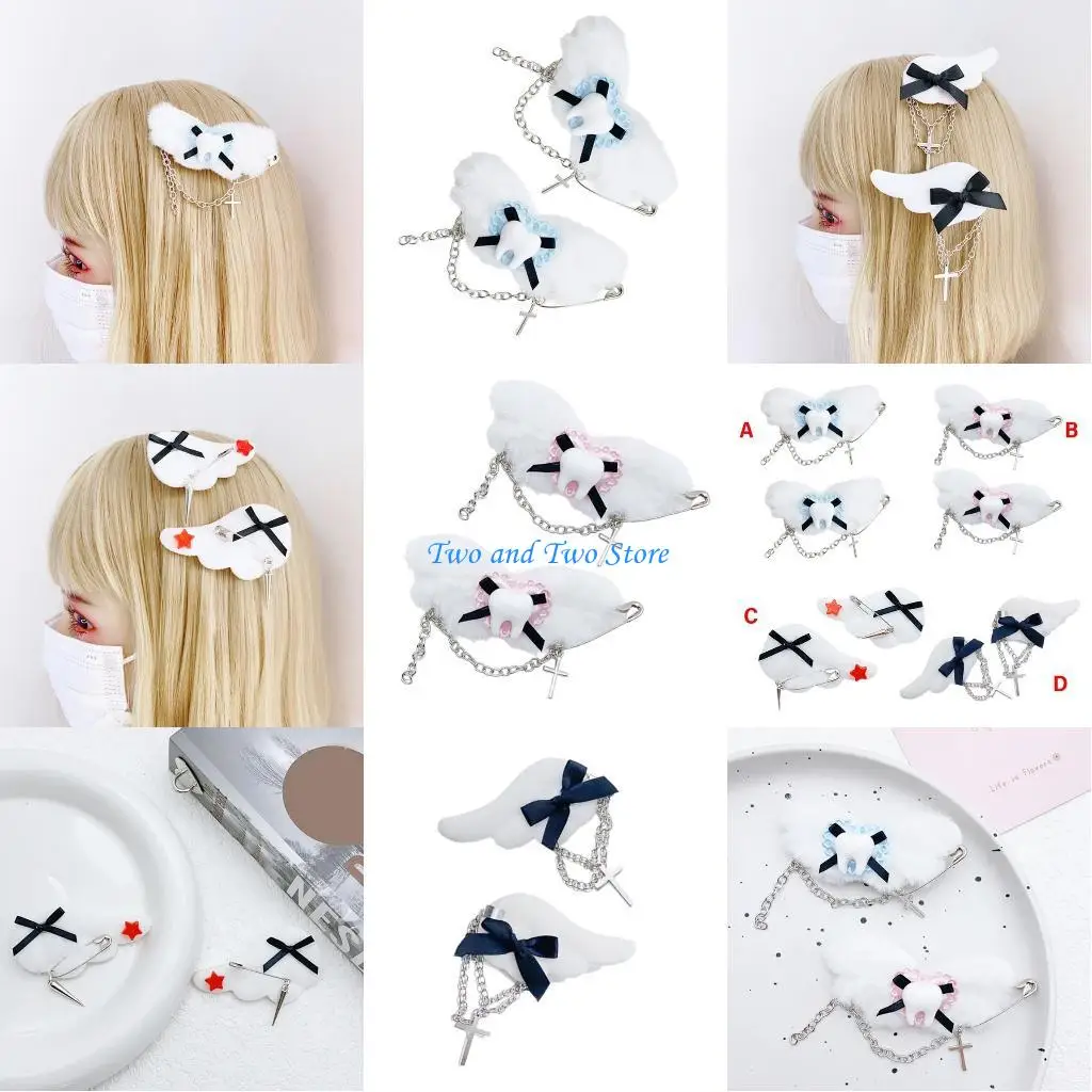 

HX6F Black Hair Clip Wing Ribbon Chain Bowknot Balletcore Clip for Lady Girl