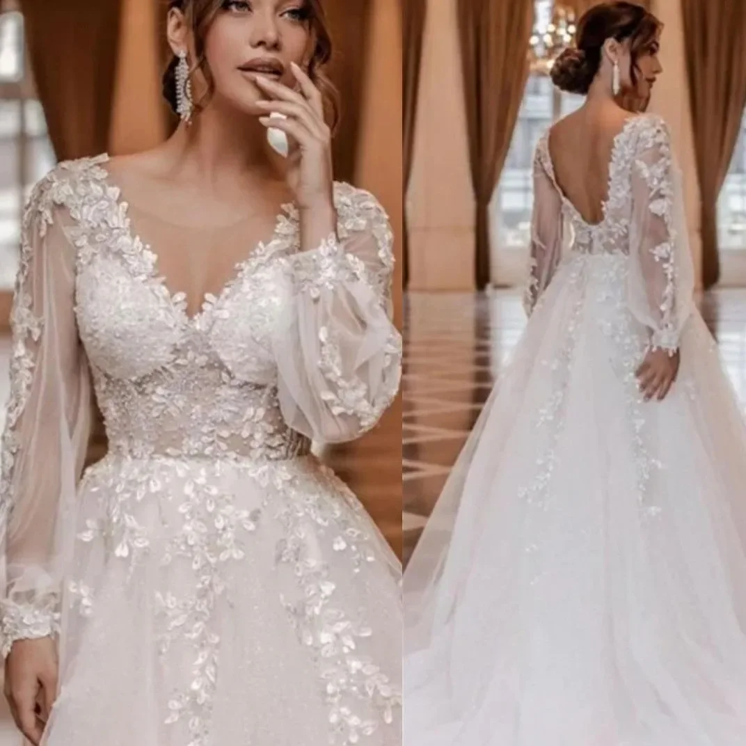 Elegant A-line V-neck Backless Lace Applique Women's Wwedding Dress Long Sleeve Formal Bridal Party Dress Plus Size Customized