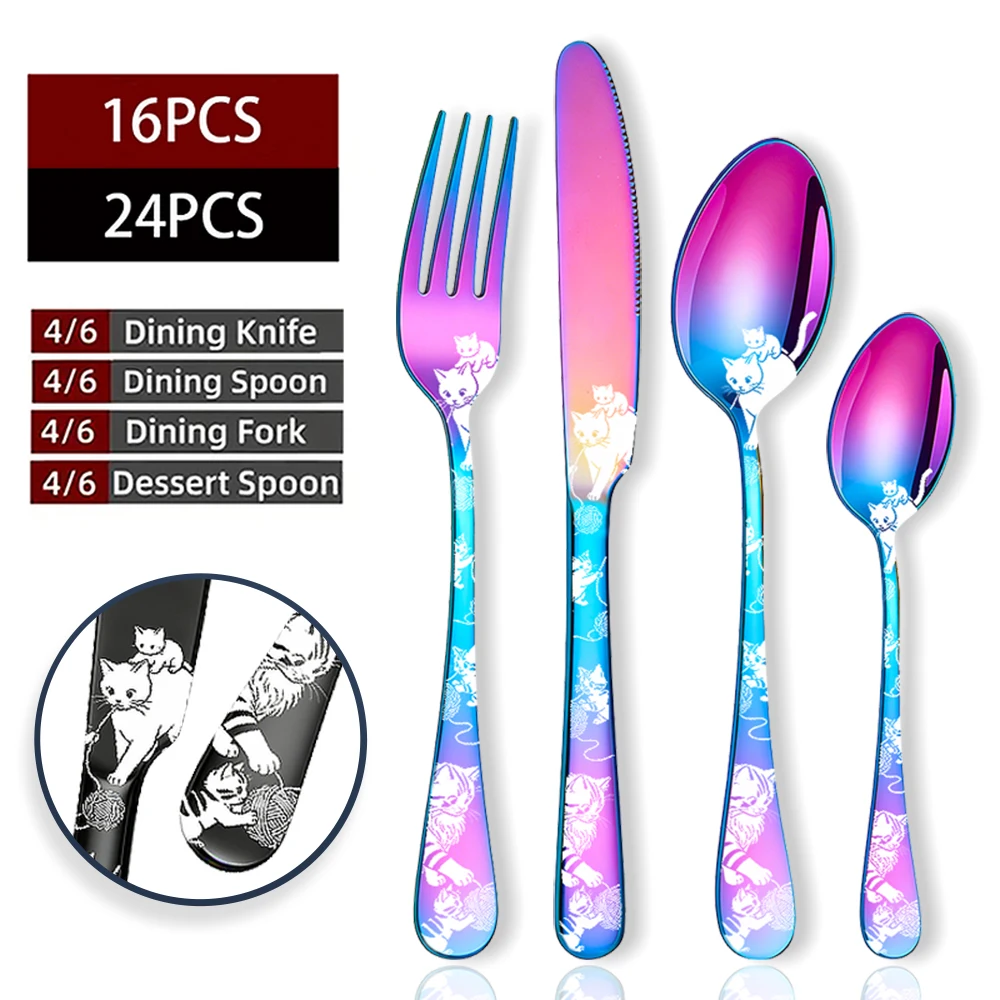 16/24 Pcs Cat Engraved Stainless Steel Flatware Set Reusable Knife Fork Spoon for Steak Dinner Home Office Camping Holiday Gift