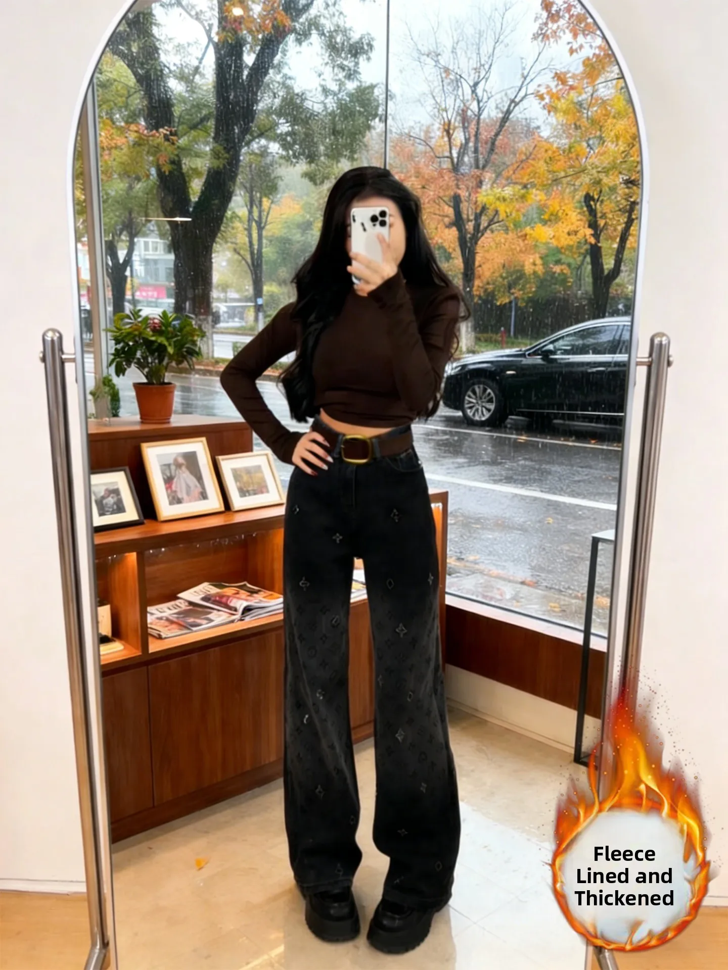 

Bla Fce Lined Wide Leg Jeans Women's Casual Faionable Straight Leg Pants Autumn Winter New Sle High Waist Denim Trou...