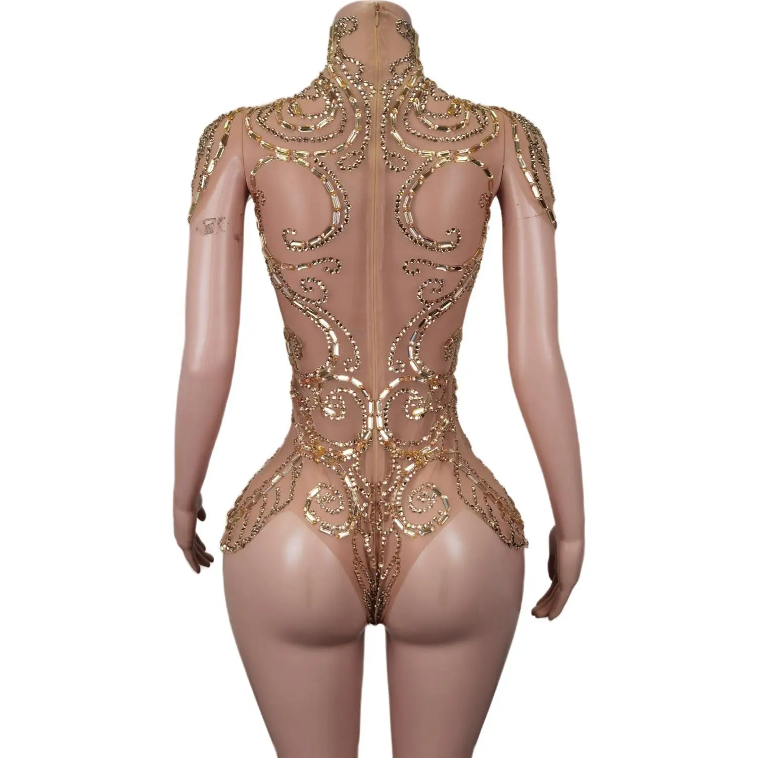 Women See Through Crystal Bodysuit Club Birthday Leotard Dancer Playsuit Performance Wear Sexy Mesh Rhinestone Jumpsuit Yangjiao