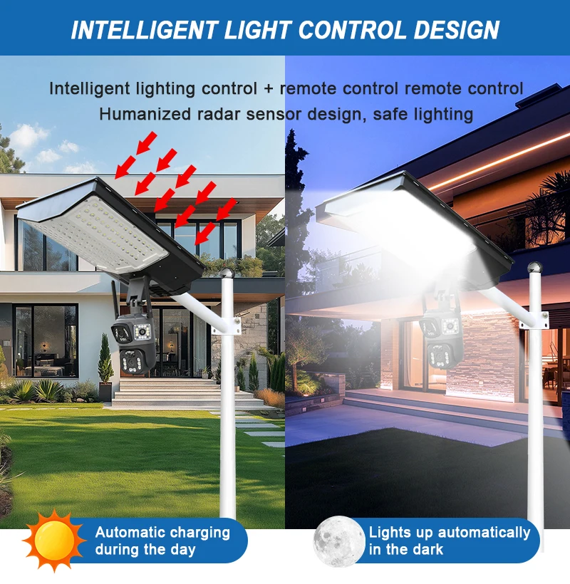 2 em 1 CCTV integrado luz de rua de segurança solar com câmera dupla 360 WiFi 4G e detecção de movimento