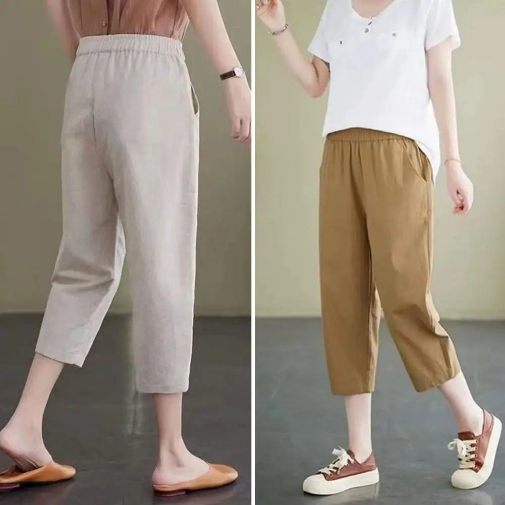 Calça harém de estilo literário feminina, elegante, meio da panturrilha, elástico na cintura, bolsos monocromáticos, recortada, roupa casual, verão