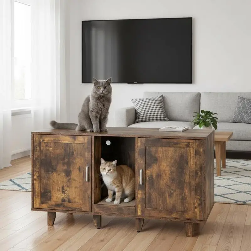 3-in-1 Verstecktes Katzenklo-Gehäuse, Geruchskontrollierendes Katzenhaus, Großer TV-Standschrank für Wohnzimmer