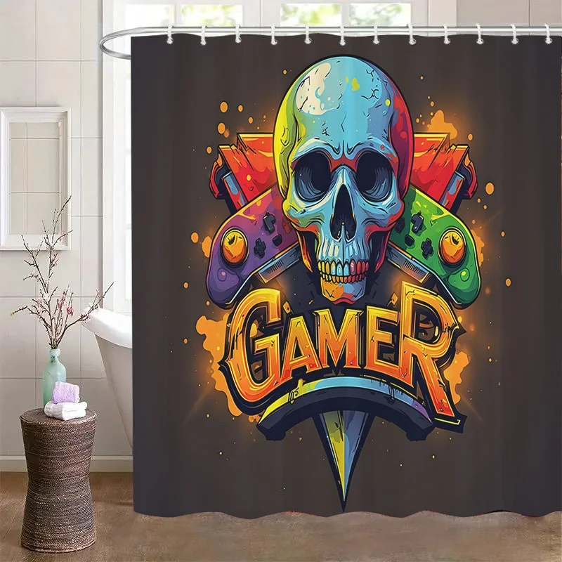 

Gamer Skull Shower Curtain, Colorful Video Game Controller, Cool Gaming Decor, Gift for Him Waterproof Polyester Modern Bathroom