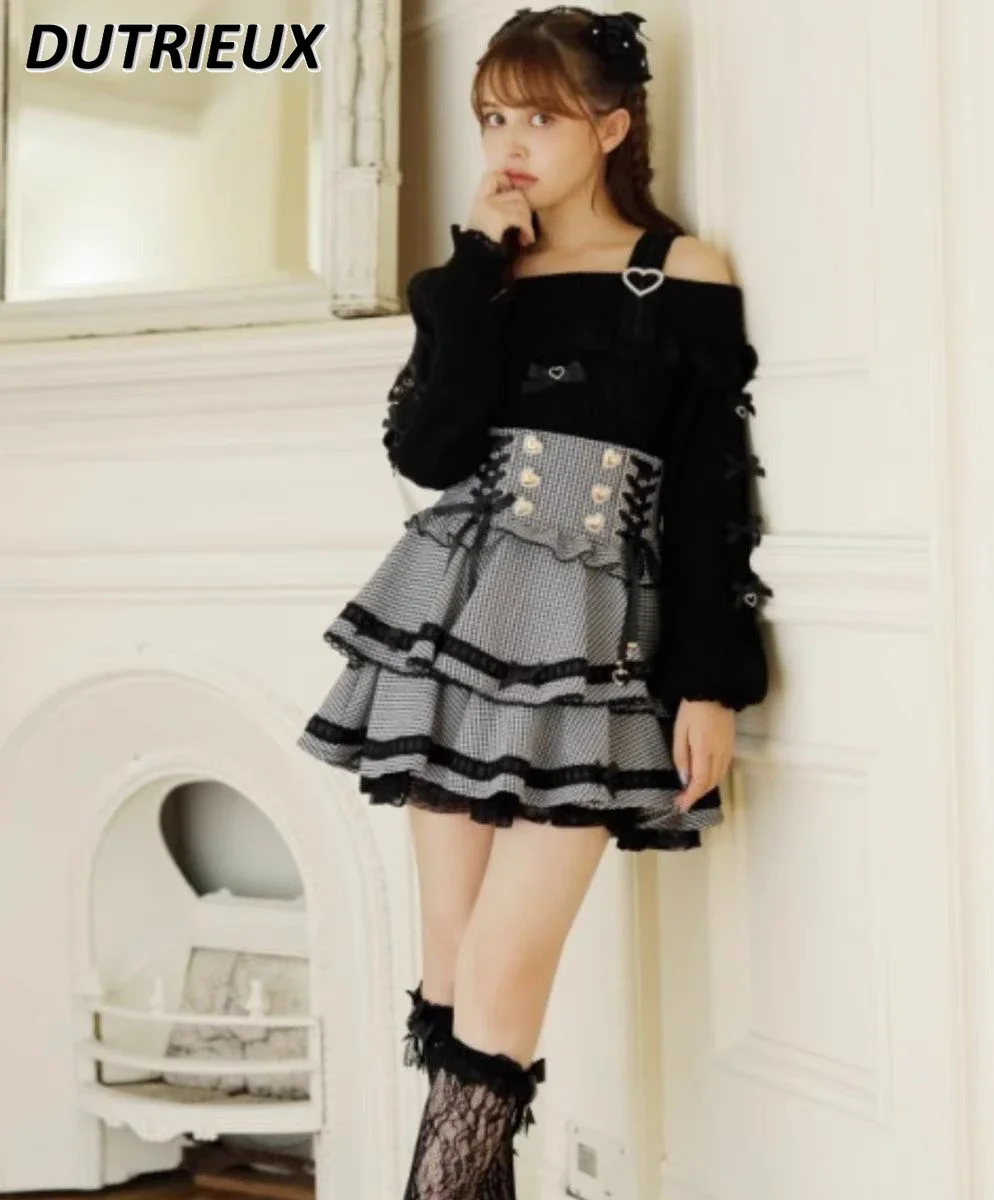 Japanese Mine Style Lolita Lace Bow Short Strap Skirt Sweet Cute Girls Versatile High-waisted Lace-up Waist Frilly Mini Skirts