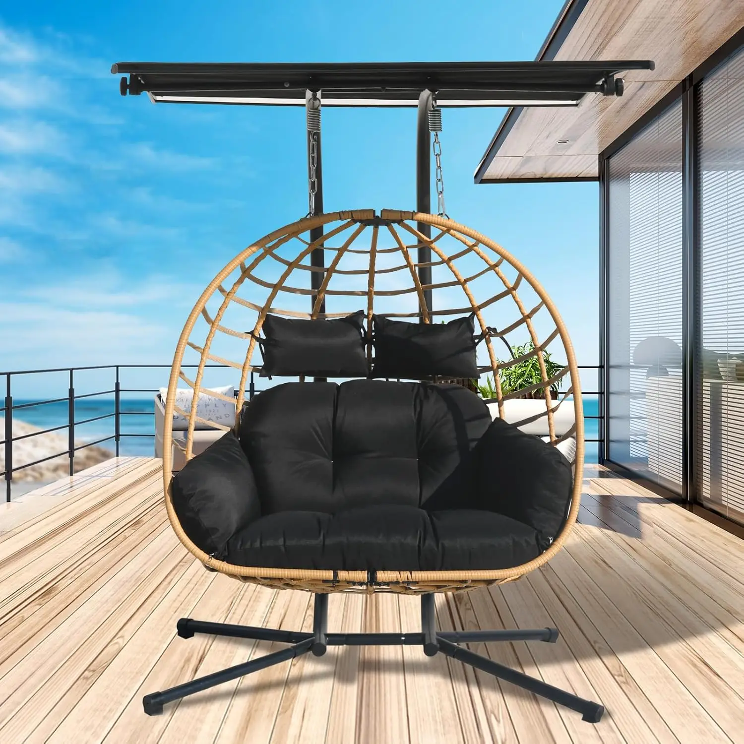 Outdoor Rattan Swing Hammock Basket Chair with Adjustable Awning and Thick Cushion Sturdy Frame 600lbs Capacity Indoor/Outdoor