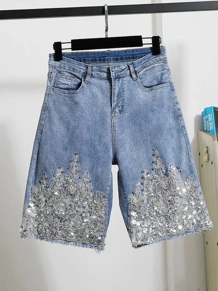 

Elegant Denim Culottes Spring Autumn New Heavy Sequin High Waist Slimming Ripped Wide Leg Five Point Soft Pants For Women