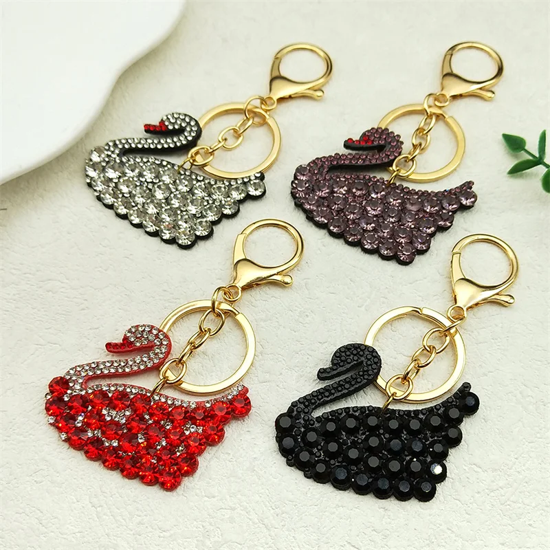 Elegant Swan Rhinestone Key Chain For Women Girls Handmade Bead Pink Black Color Motor Car Keyring Accessories Jewelry Gifts