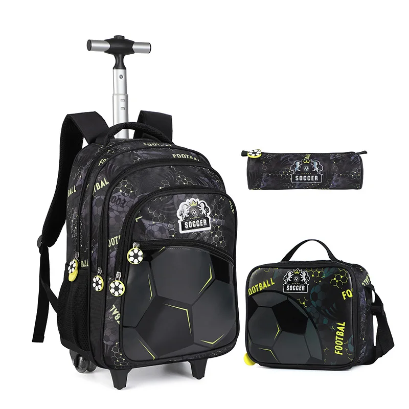 School Rolling Backpack with Wheels for Boys Football School Wheeled Backpack Set With Lunch Box Kids Travel Luggage Bags