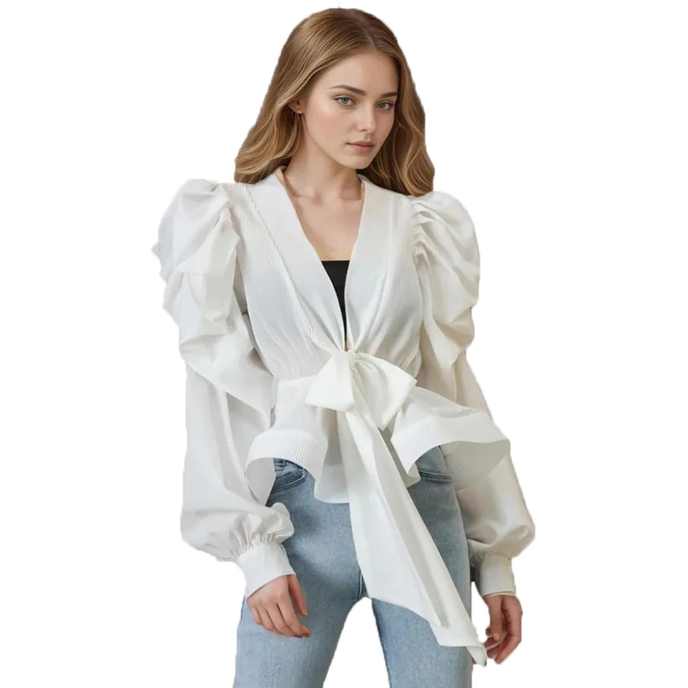 Lantern Sleeve Ruched Shirts For Women V Neck Patchwork Lace Up Slim Solid Blouses Female Fashion 2024 Clothing Autumn