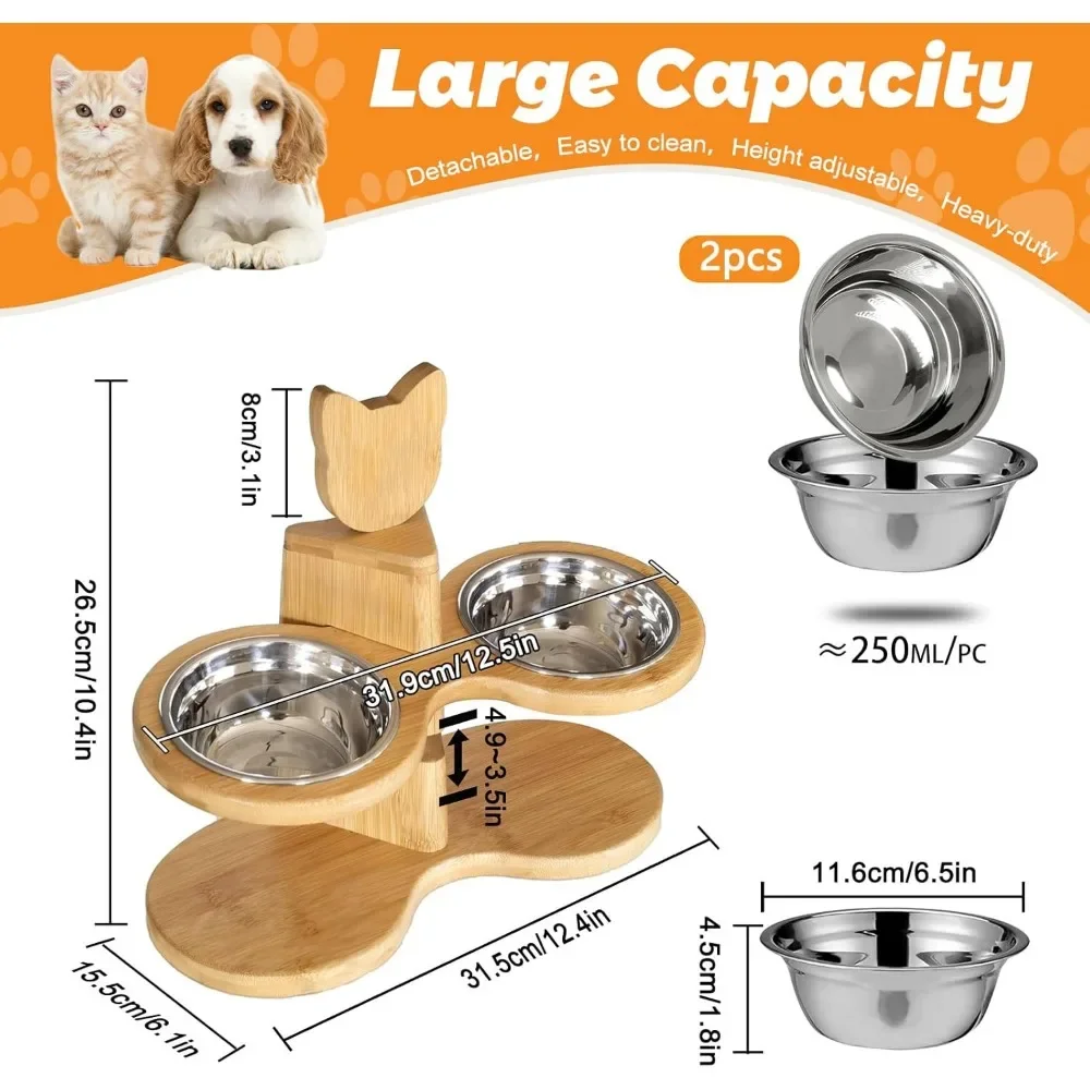 Elevated Dog Bowls for Small Dogs,  Adjustable Bamboo Pet Feeding Station with 2 Stainless Steel Bowls for Cats and Puppy