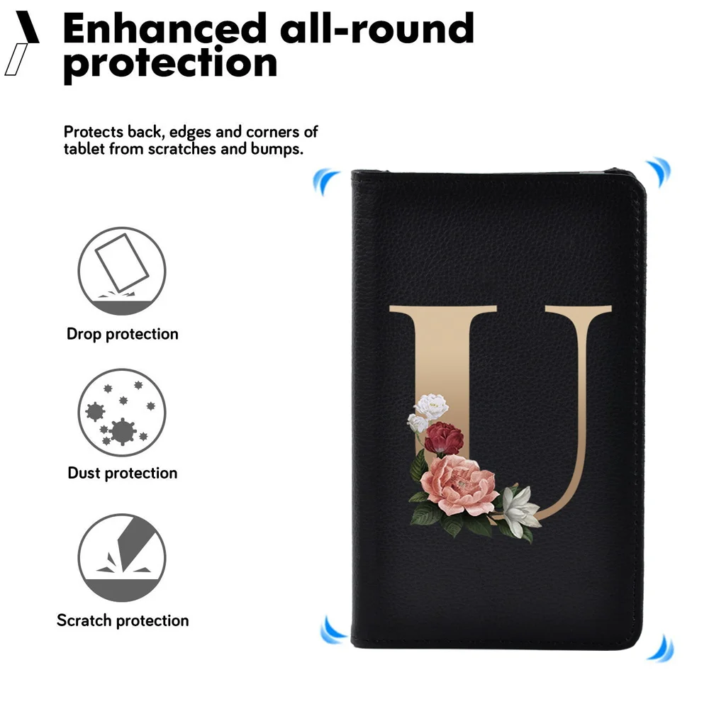 360 도 회전 스마트 태블릿 스탠드 보호 케이스, 파이어 7 5 세대 7 세대 9 세대 2015 2017 2019 골드 문자 인쇄 PU 가죽 커버