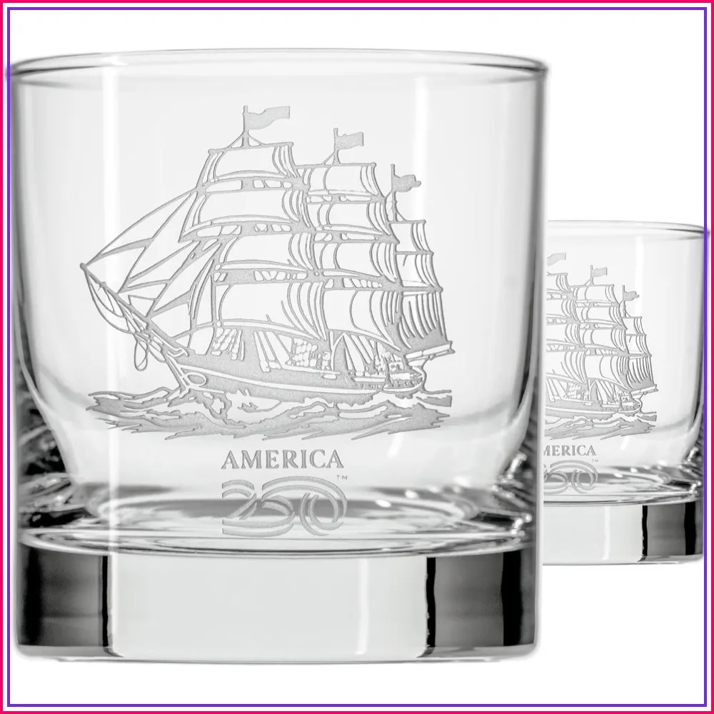 Tall Ship Whiskey Glass 10oz On the Rocks Set of 2 Deep Engraved 13-Star Flag Made in USA