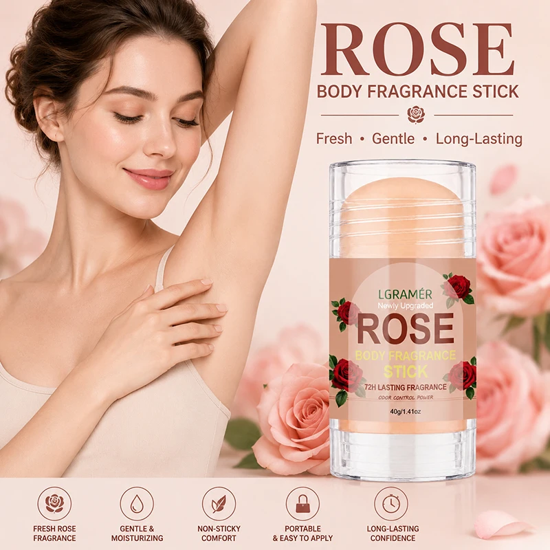 Déodorant stick parfum rose, parfum durable 72h, formule végétale naturelle, texture douce, non collante, contrôle des odeurs, baume corporel pour usage quotidien