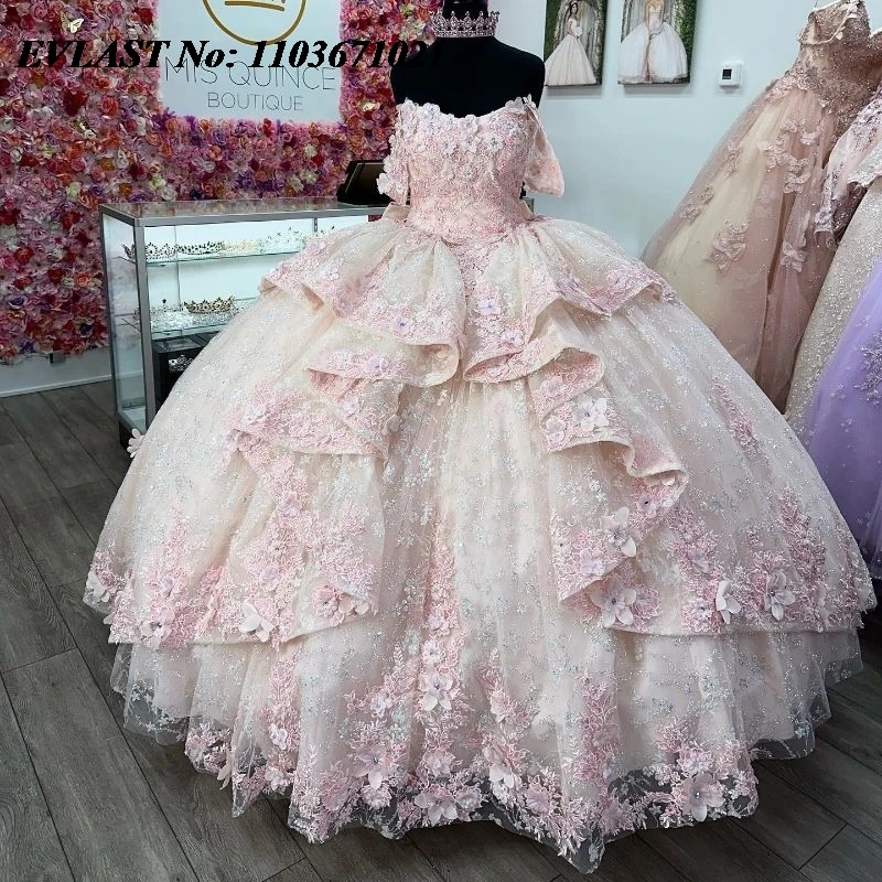 

EVLAST Мексиканское розовое платье Quinceanera, бальное платье с 3D цветами, аппликацией, бисером, многоуровневыми оборками, Sweet 16, Vestidos De XV 15 Anos SQ23