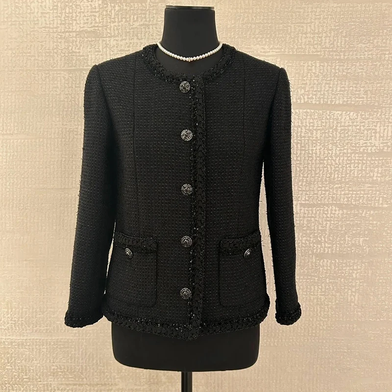 

Women`s Black Classic Wool Button-Down Jacket Luxury Round Neck Straight Shoulder Pad Woven Tweed Single-Breasted Evening Top