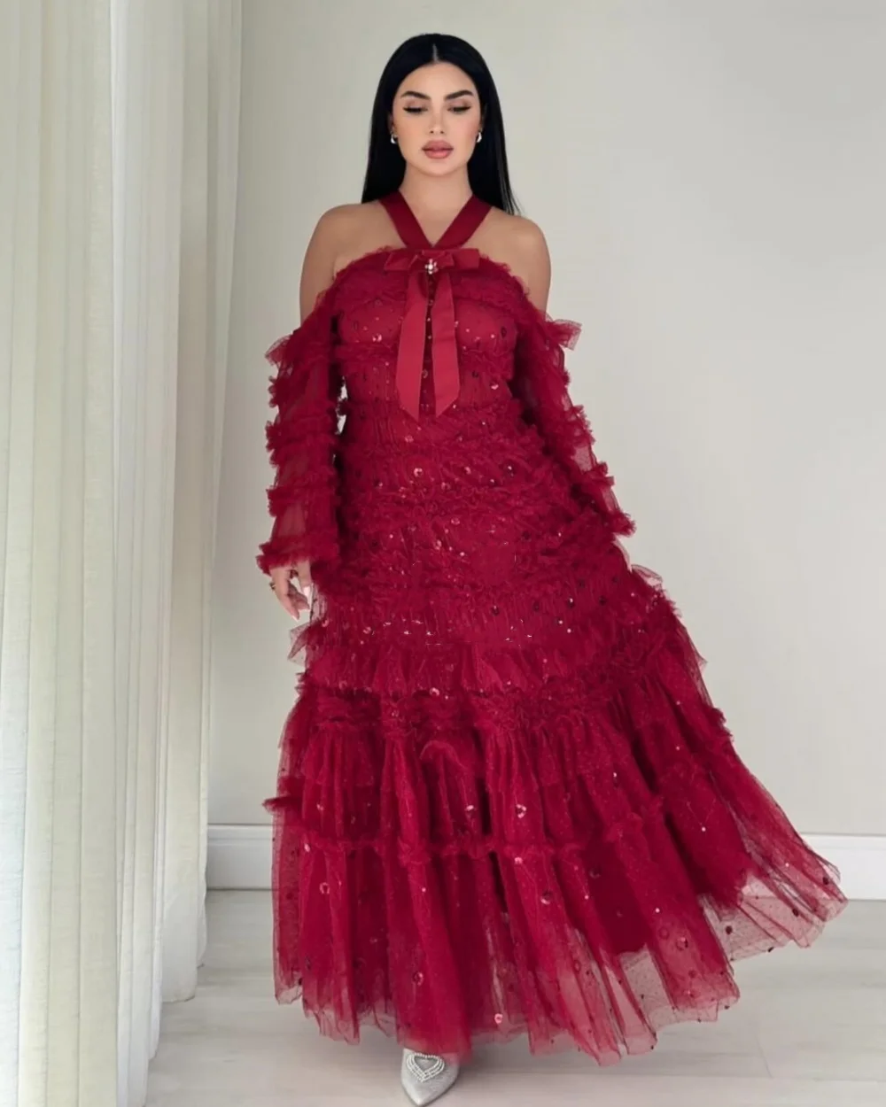 Robes de bal longues en Tulle plissé et pailleté, personnalisées, de haute qualité, ligne a, col licou, tailles à la mode disponibles, Style moderne