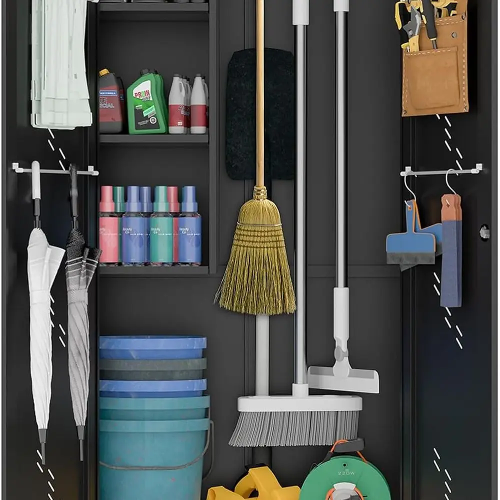 

75 Inch Metal Storage Cabinet with Secure Doors, Garage Storage Solutions, Durable Tool Organizer with Hanging Rod and S-Hooks