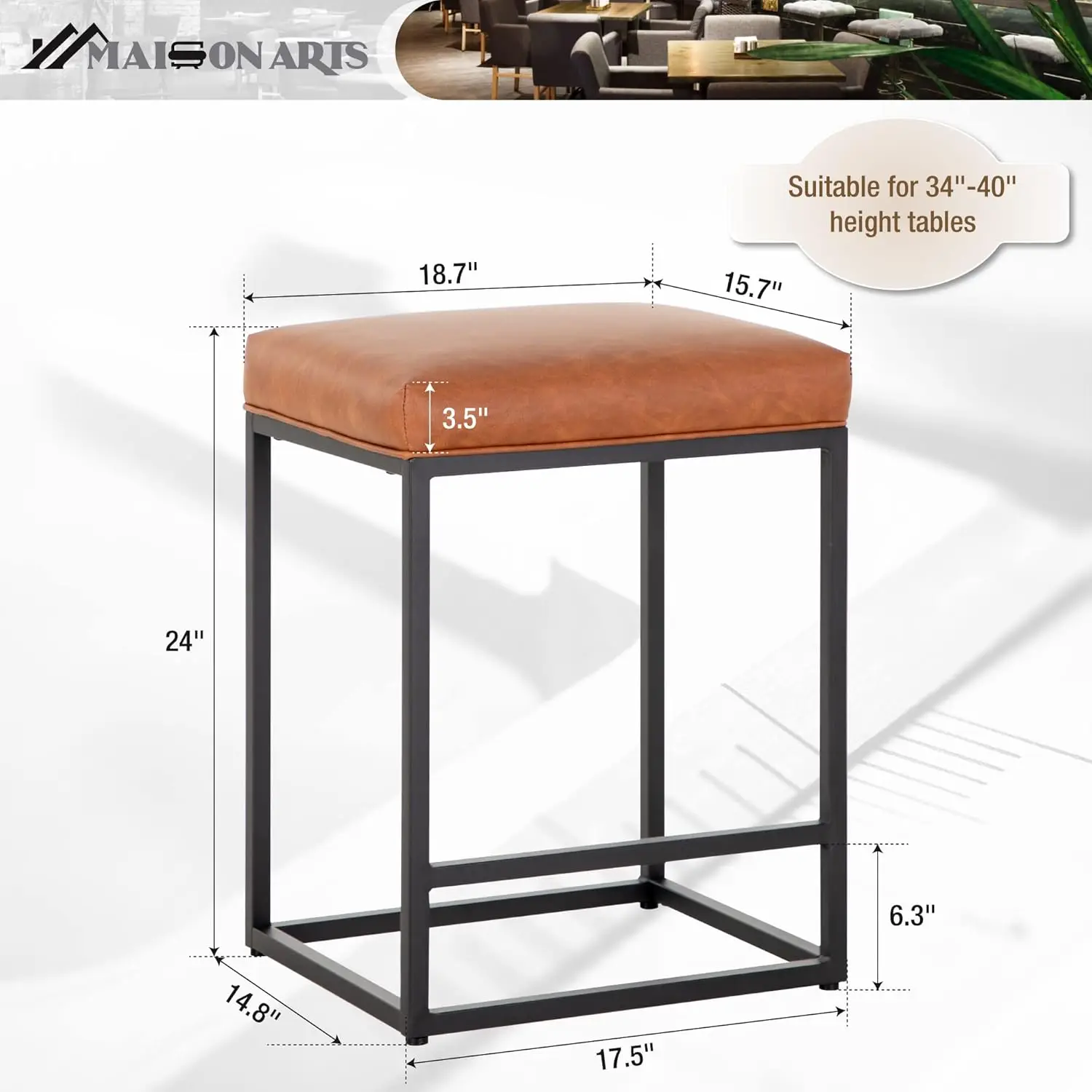 Maison Arts Counter Height Bar Stool For Kitchen Counter 24"" Backless Industrial Stool Modern Upholstered Barstool Countertop