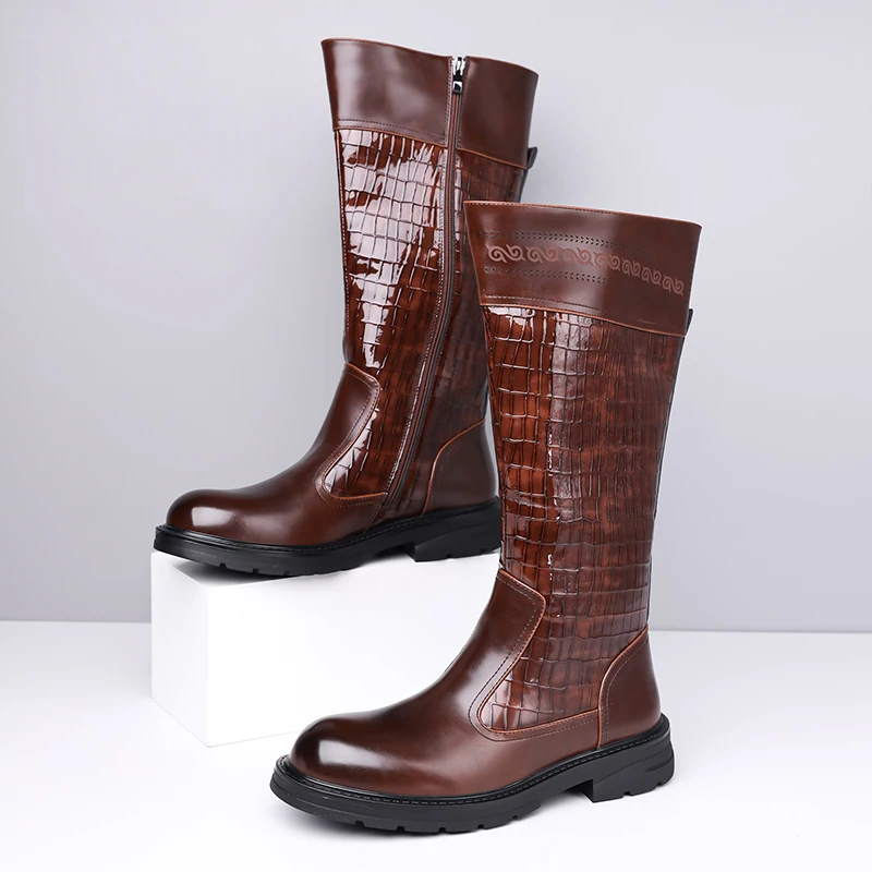 PopularMen High-end Long Boots with Side Zipper Splicing Added Anti Slip Stone Patterns Fashionable Avant-garde Motorcycle Boots