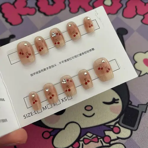 Imagen 2 del producto 10 Uds. De uñas postizas rosas hechas a mano, purpurina, ojo de gato, punta cuadrada corta, diseño de cereza, prensa kawaii en uñas postizas coreanas