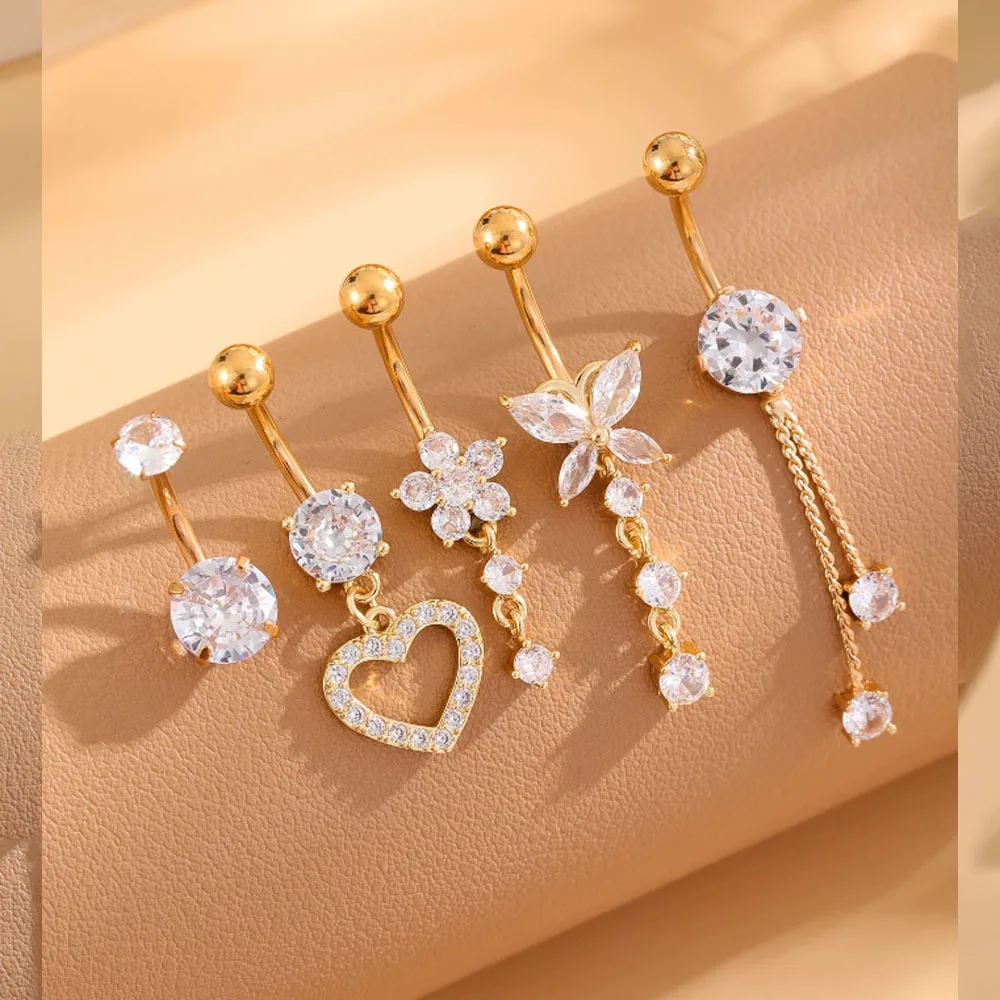 4-5pcs/lot Chain Tassel Pendant Belly Button Rings Set Belly Piercing 14G Butterfly Curved Navel Piercings Jewelry for Women