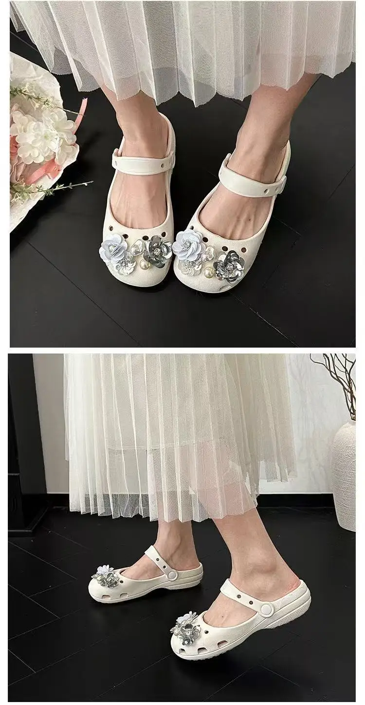 2026 Neue Sommer-Pantoffeln für Damen, Luxuriöse Perlen-Metall-Blumen-Designer-Ballettschuhe, Damensandalen für drinnen und draußen – Detail 12