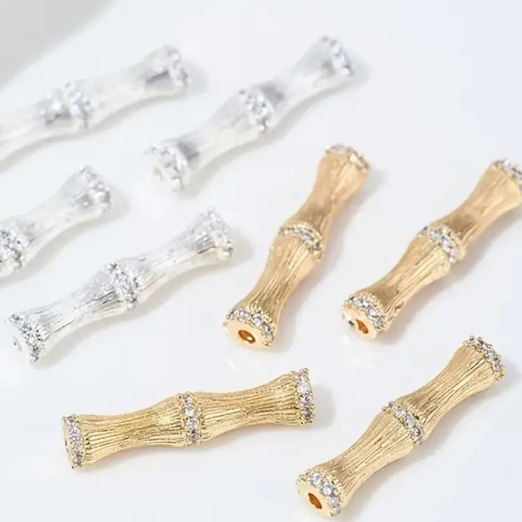 14K Gold-wrapped Plated Sterling Silver Zirconium-inlaid Bamboo Long Tube Bead Spacer Elbow Pendant DIY Bracelet Necklace Jewelr