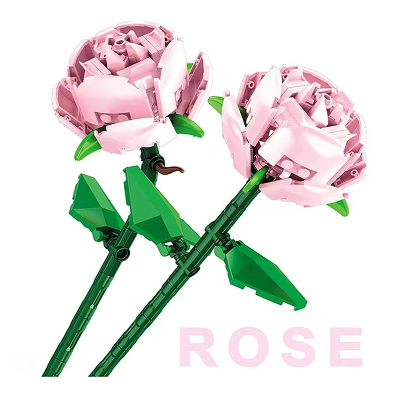 

Valentine's Day Pink Rose Flower Building Blocks DIY Plant Potted Bouquet 3D Model Home Ornaments Kids Toys