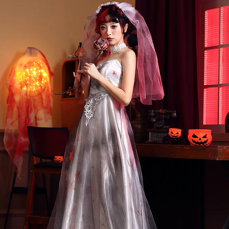 

loween Zombie Bride Costume White Haunted Wedding Dr Long Floor Length Skirt with Bloodstains Women's Cosplay Roleplay ...