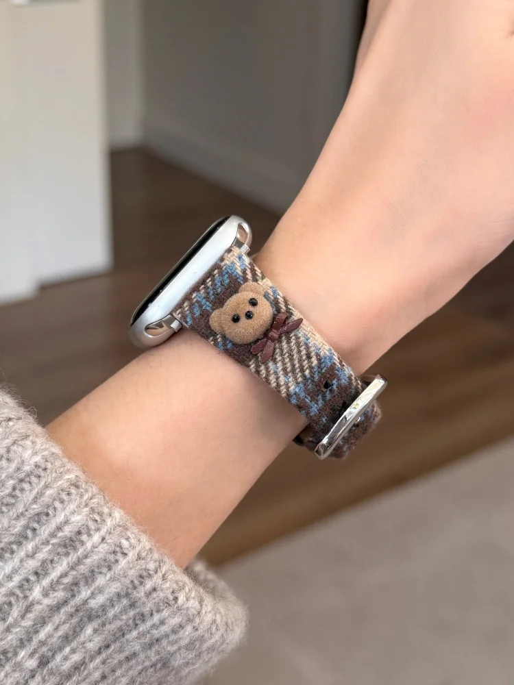 

Шерстяной кожаный ремешок в клетку с медведем для Apple Watch, ремешок 38/40/41 42/44/45 мм, 49 ультра-осенне-зимний браслет для Iwatch S10-11 42/46