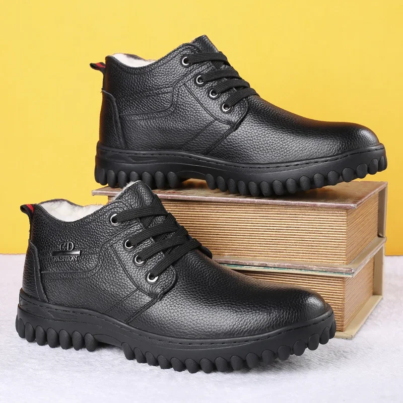 Черные кружевные ботинки 42, 43, 45, 46, зимние новые мужские зимние ботинки из толстого овечьего меха с боковой молнией, высокие мужские теплые туфли из натуральной кожи