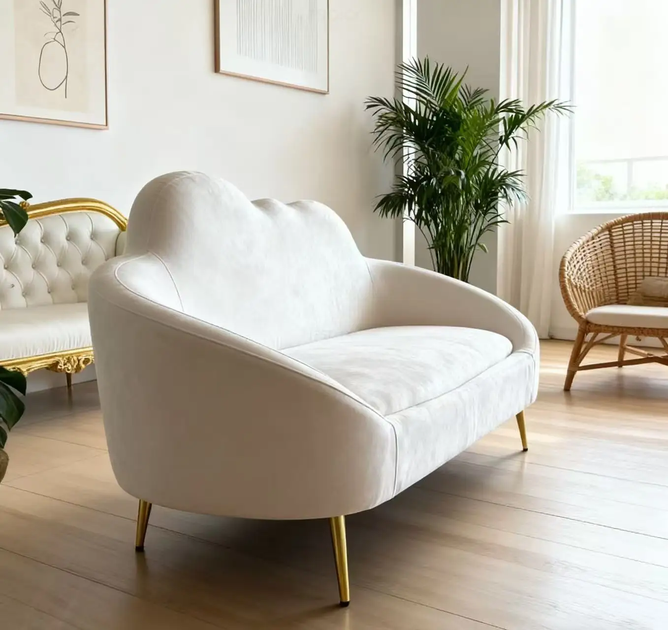 

Modern Luxury Design Velvet Fabric Gold Legs Curved Back Sofa Couch Home Furniture Villa Apartment Living Room Hotel Hall Events