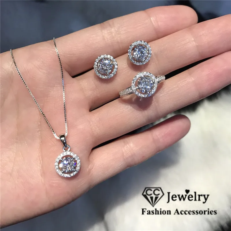 

CC Fine Jewelry Sets For Women White Gold Plated Cubic Zirconia Ring Stud Earrings Necklaces Pendants Wedding Bijoux CCAS228