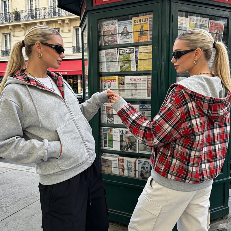 

Модные худи на молнии с длинными рукавами в стиле 2000-х: контрастные, повседневные, уличные, американские тренды, с принтом «Позитив-Негатив»